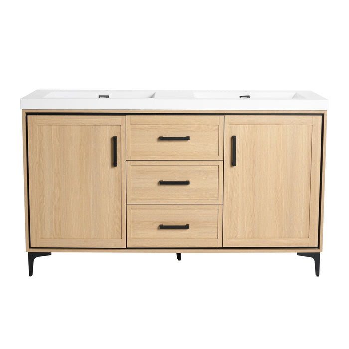 Giga 60-inch oak freestanding bathroom vanity with double resin sinks, soft closing doors, drawers, and plywood construction.