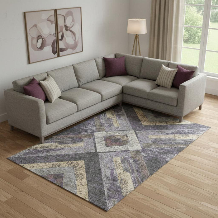10' X 14' Geometric Washable Area Rug With UV Protection (709300) - Purple / Gold / Ivory