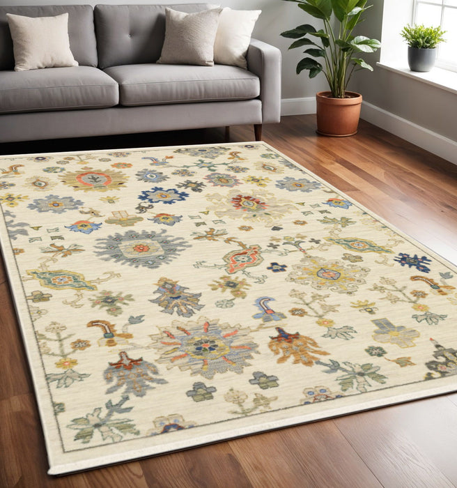 5' x 8' Oriental Power Loom Stain Resistant Area Rug With Fringe - Ivory Beige Gold Gray Blue Pink Red Rust And Green