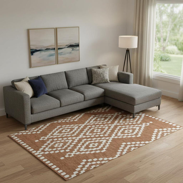 10' X 14' Geometric Washable Area Rug With UV Protection (670850) - Terra Cotta / Ivory