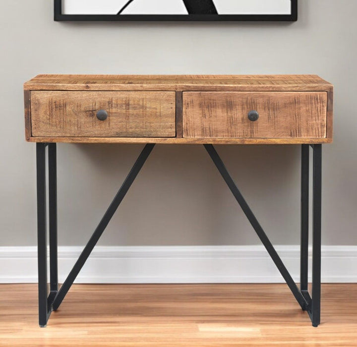 Solid Wood Distressed Frame Console Table And Drawers - Natural And Black