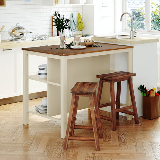 Rustic Giga 3-piece stationary kitchen island set with two seats and open shelves, ideal for dining and kitchen storage.