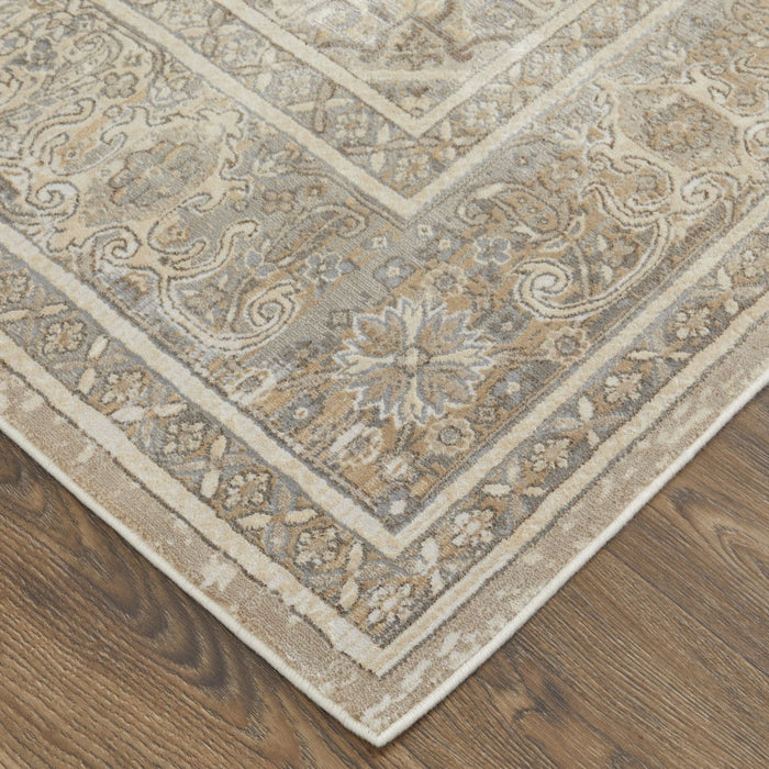 8' x 10' Floral Power Loom Distressed Area Rug - Tan Brown And Ivory