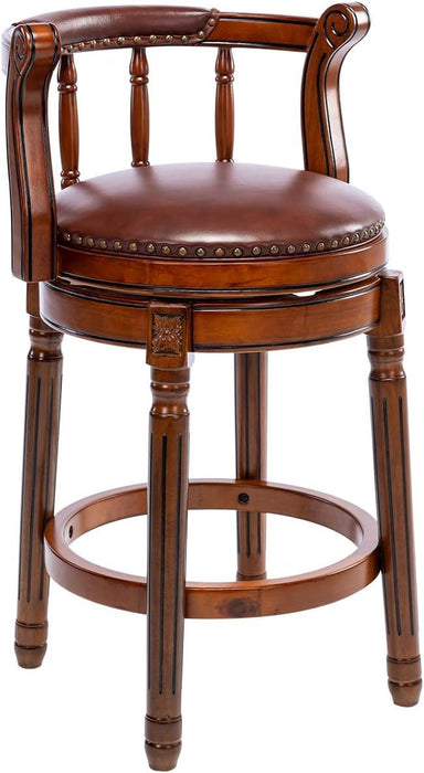 Giga Swivel Cow Top Wooden Bar Stool with backrest, 360-degree swivel, bar height for home kitchen counters.