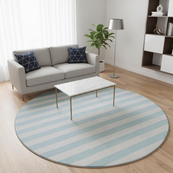 8' Striped Washable Round Rug With UV Protection (647659) - Sky Blue / Ivory