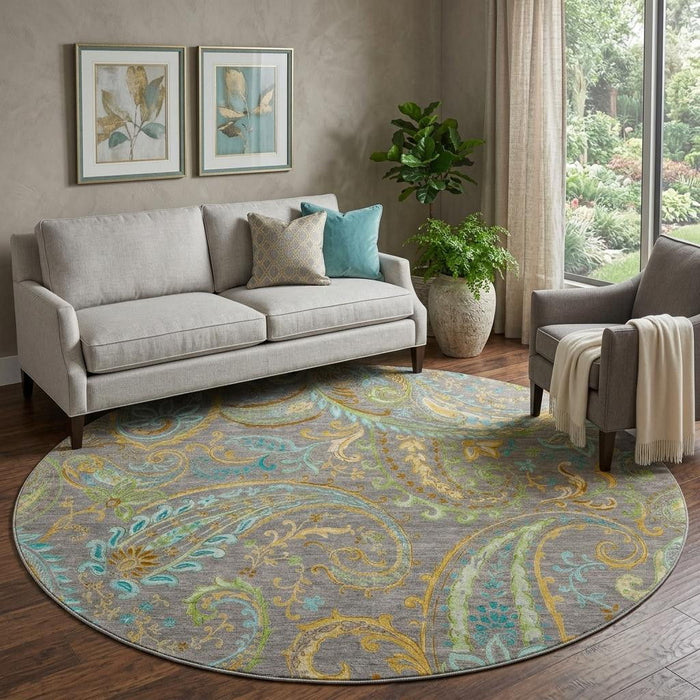 8' Paisley Washable Round Rug With UV Protection (648001) - Taupe / Green / Blue