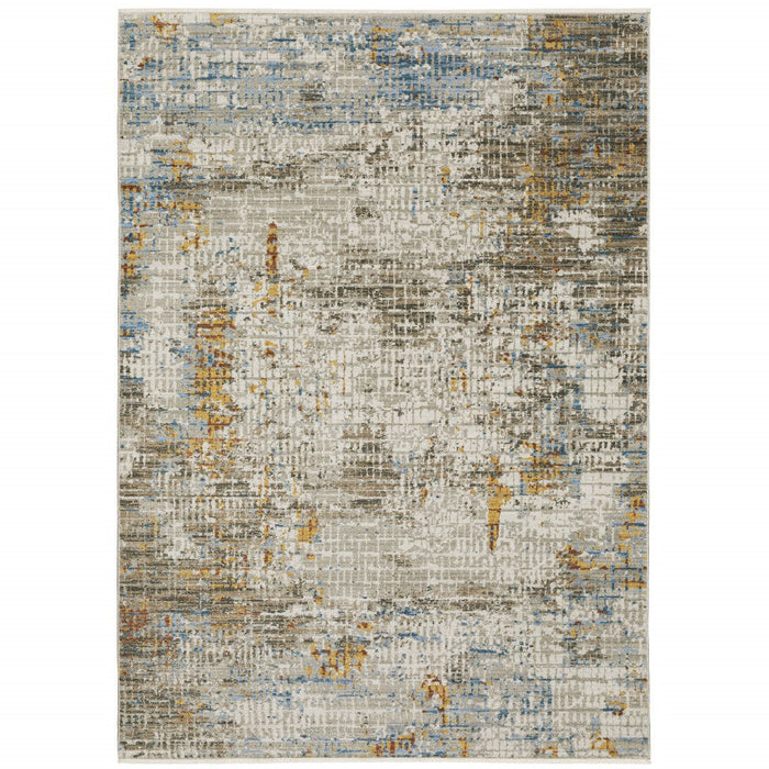 8' x 11' Abstract Power Loom Stain Resistant Area Rug With Fringe - Beige Gray Brown Gold Red And Blue