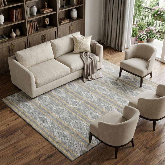 10' X 14' Geometric Washable Area Rug With UV Protection (680783) - Gray / Ivory / Gold