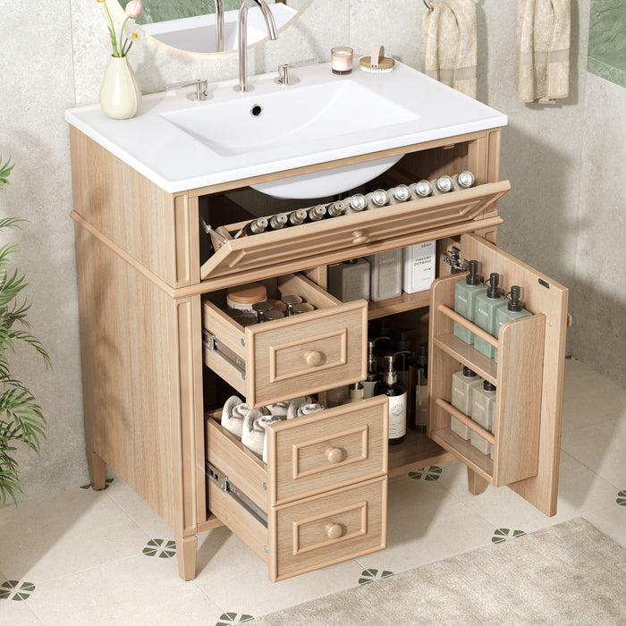 Giga bathroom vanity with sink, flip-out drawer, and two soft-close drawers and door, crafted from wood.