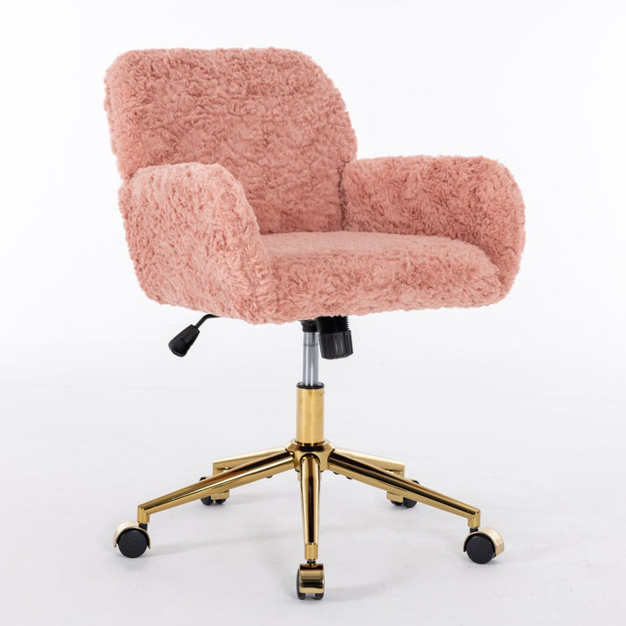 Giga swivel office chair with artificial rabbit hair upholstery, metal base, adjustable height, and 360-degree swivel for home or vanity use.