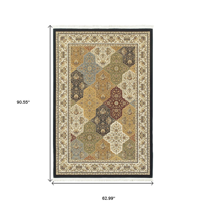 5' X 8' Oriental Area Rug With Fringe - Navy Blue And White