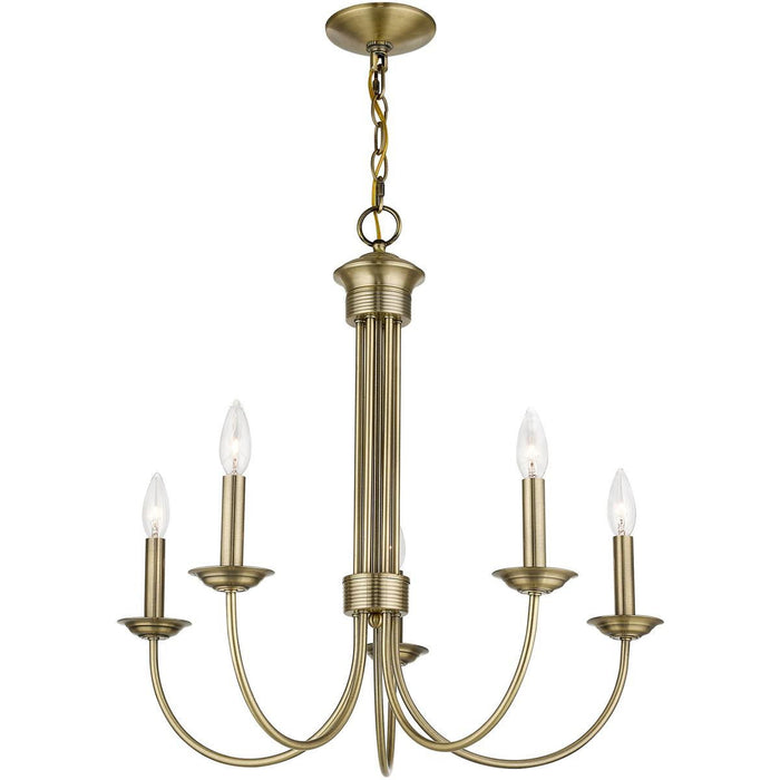 Five Light Metal Dimmable Chandelier With Shades - Antiqued Brass