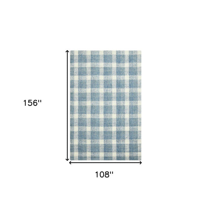 9' X 13' Wool Plaid Hand Tufted Area Rug - Blue And Ivory
