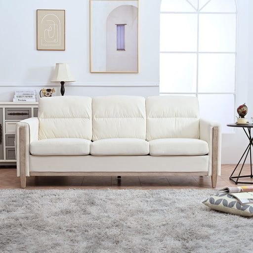 Giga solid wood three-seater sofa with soft cushions, durable design, 79.5-inch length, ideal for living room seating.