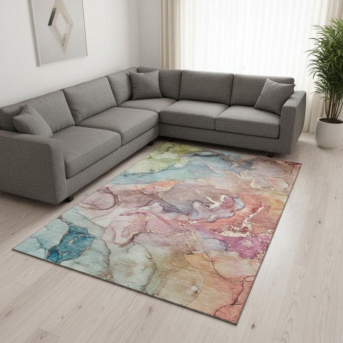 9' X 12' Abstract Washable Area Rug With UV Protection (646487) - Blue / Green / Rust