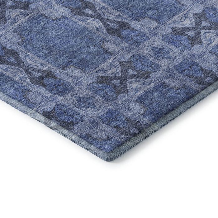 9' X 12' Floral Medallion Washable Area Rug With UV Protection (649479) - Denim Blue / Ivory