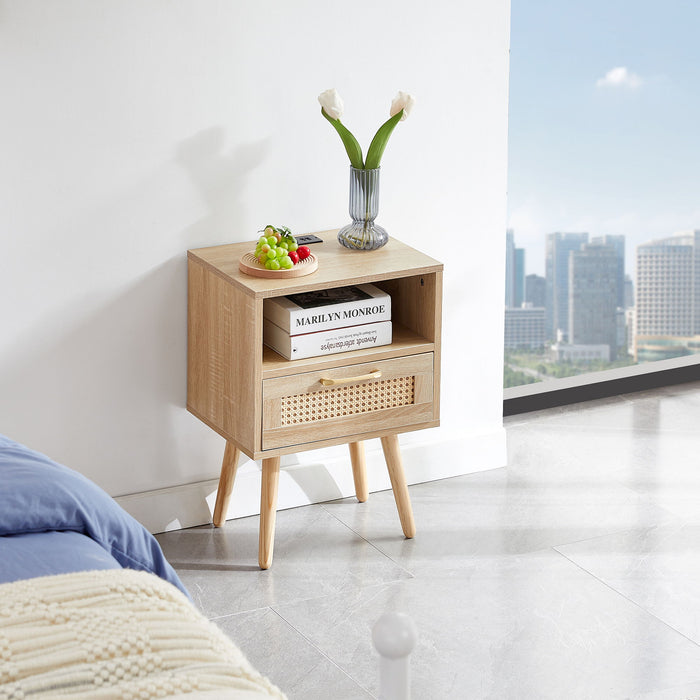 Giga 15.75-inch rattan nightstand with built-in power outlet, USB ports, drawer, and solid wood legs for living room or bedroom.
