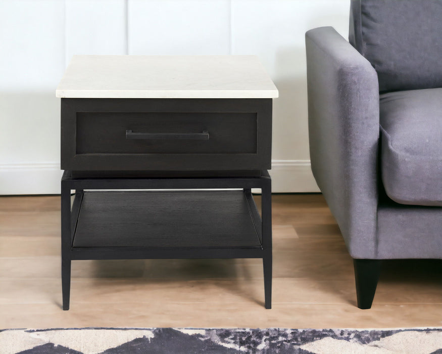 Marble Square End Table With Drawer And Shelf - Black And White
