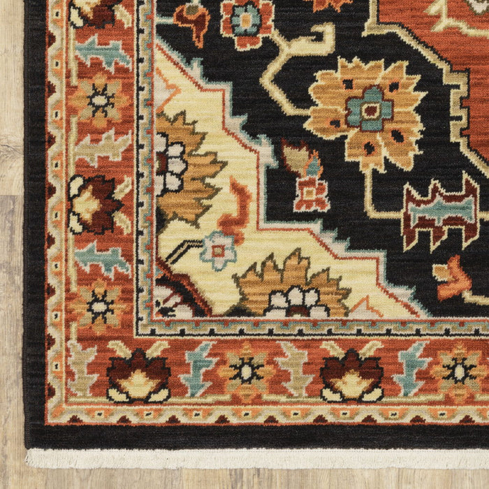 8' x 11' Oriental Power Loom Stain Resistant Area Rug With Fringe - Black Orange And Beige