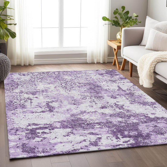 10' X 14' Abstract Washable Area Rug With UV Protection - Lavender And Ivory