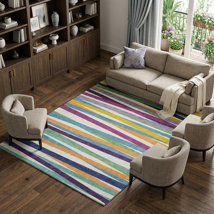 10' X 14' Striped Washable Area Rug With UV Protection (678532) - White / Purple / Yellow