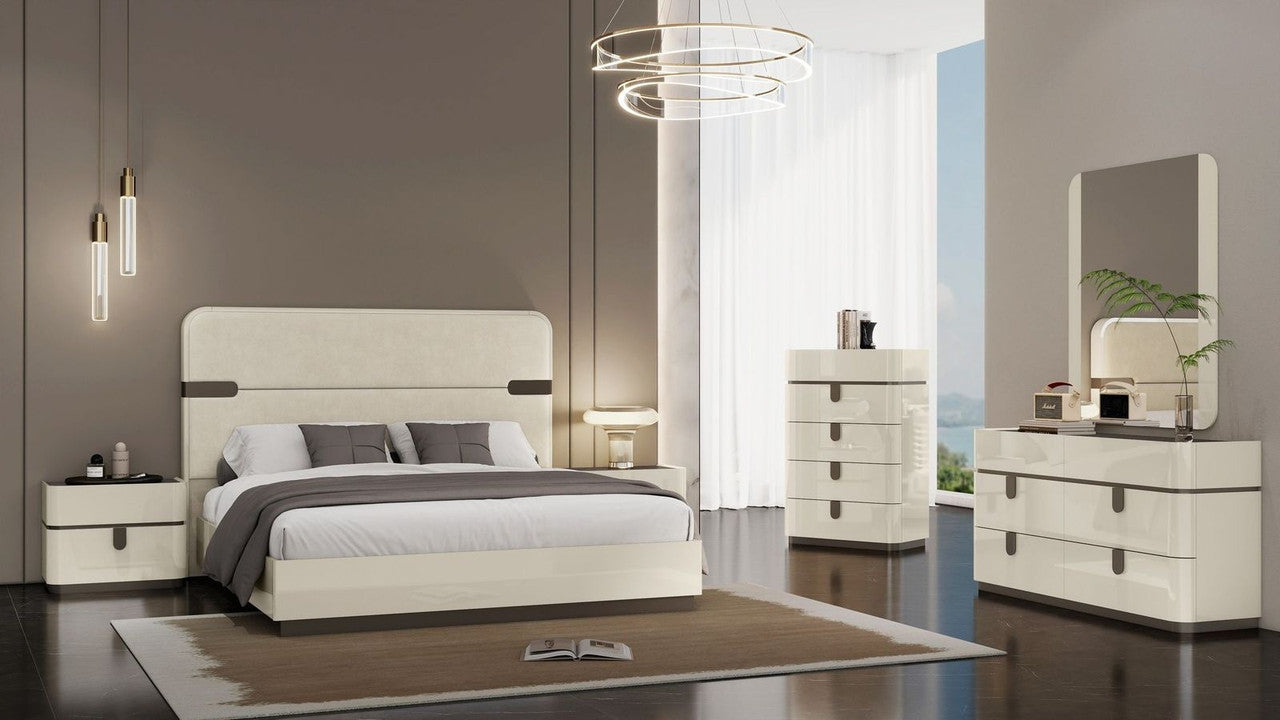 J & M Furniture Paramount queen bed in beige and brown with a sturdy wooden frame and upholstered headboard.