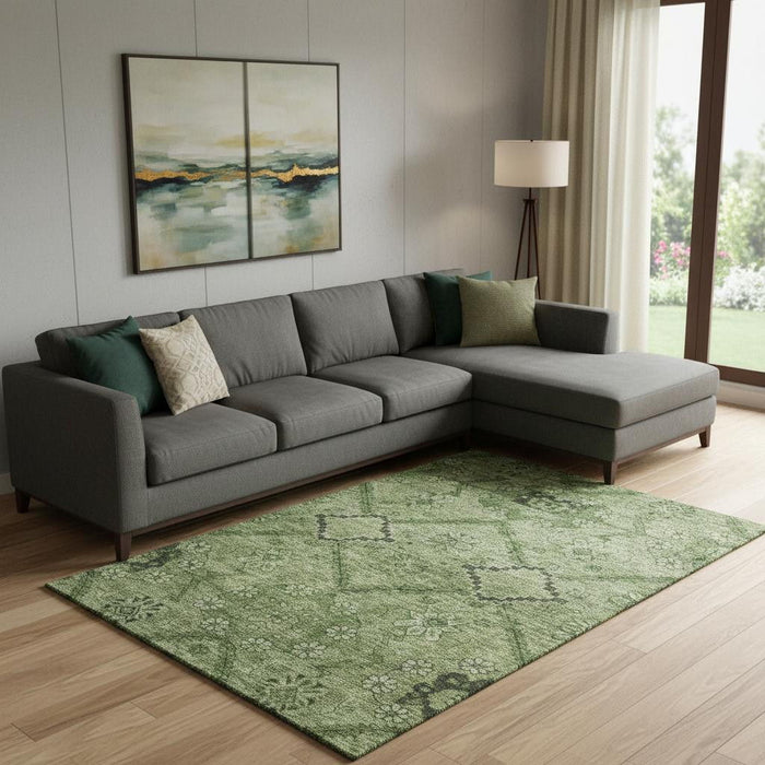 9' X 12' Floral Washable Area Rug With UV Protection (667251) - Olive Green / Gray