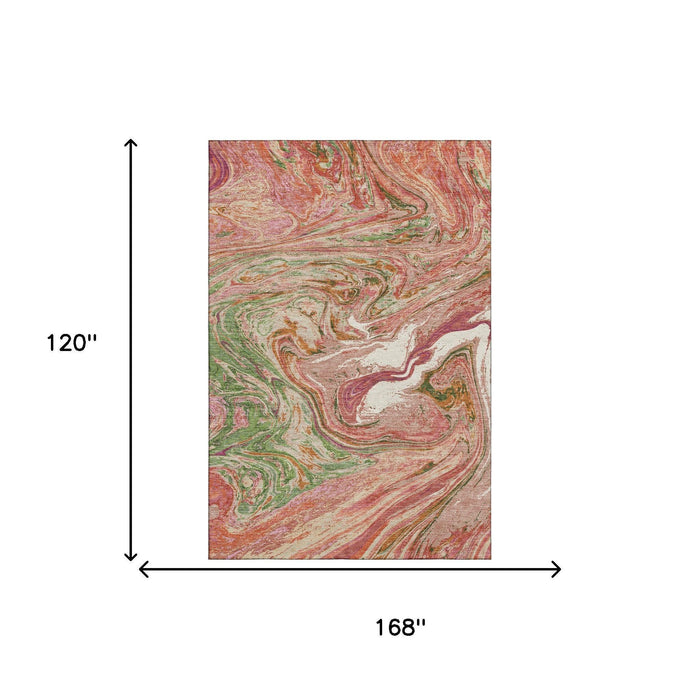 10' X 14' Abstract Washable Area Rug With UV Protection (683105) - Coral / Green / Peach