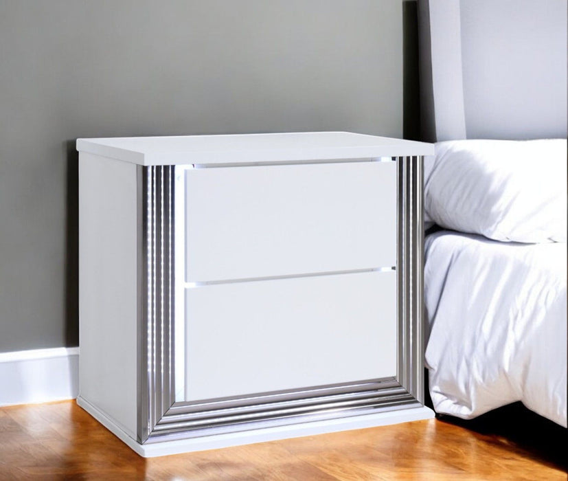 25" Solid And Manufactured Wood Lighted Two Drawer Nightstand - White