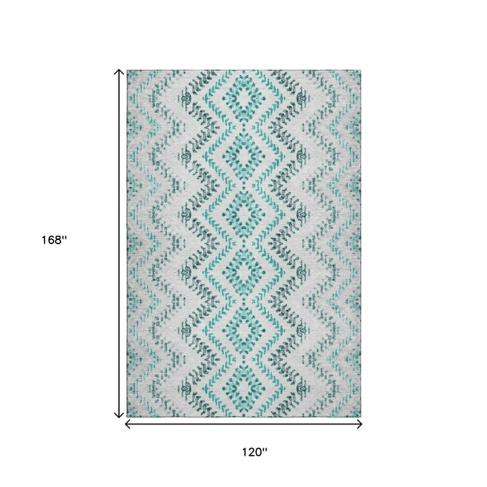 10' X 14' Geometric Washable Area Rug With UV Protection (656118) - Teal / Ivory