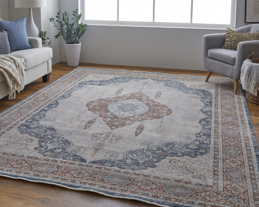 8' x 10' Floral Power Loom Stain Resistant Area Rug - Gray Red And Blue