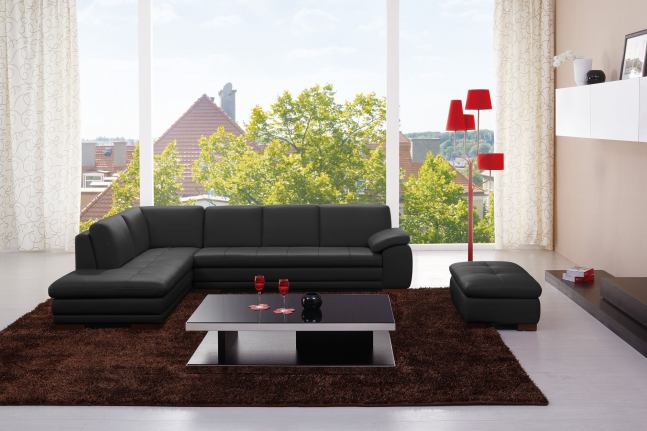J & M Furniture 625 Italian Leather Sectional Black in Left Hand Facing