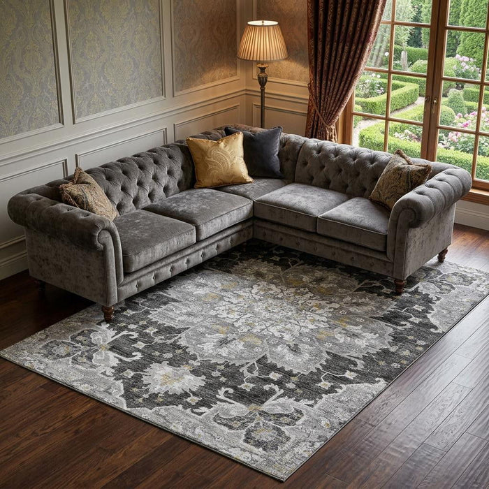 9' X 12' Floral Medallion Distressed Washable Area Rug With UV Protection (644549) - Graphite / Gold / Charcoal