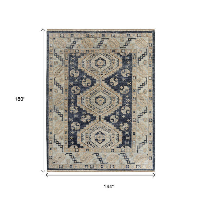 12' X 15' Geometric Hand Knotted Area Rug With Fringe - Blue And Ivory