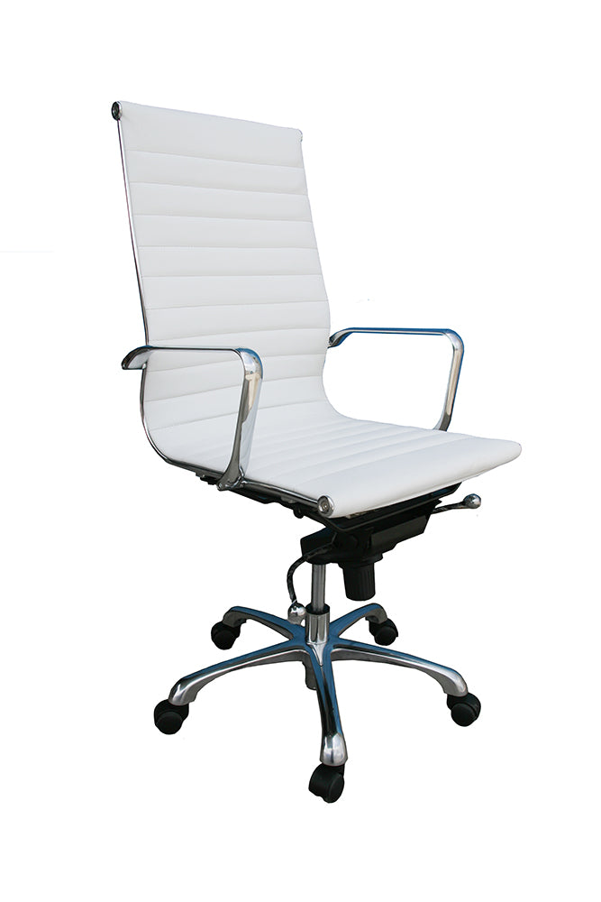 White J & M Furniture high back office chair with swivel base and cushioned seat, designed for comfort and support.