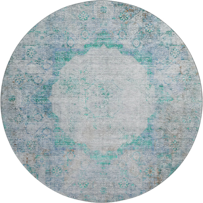 8' Oriental Washable Round Rug With UV Protection (655719) - Teal / Gray