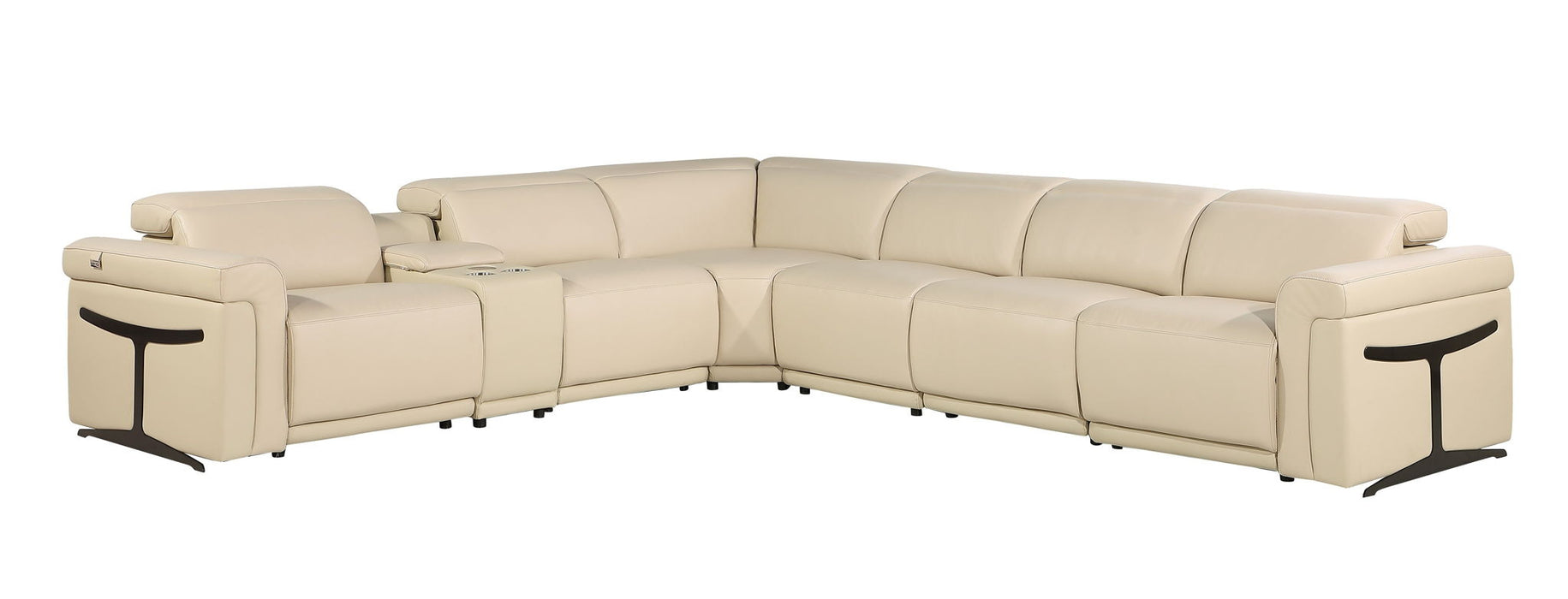 Italian Leather Modular L-Shaped Seven Piece Corner Sectional With Console - Beige