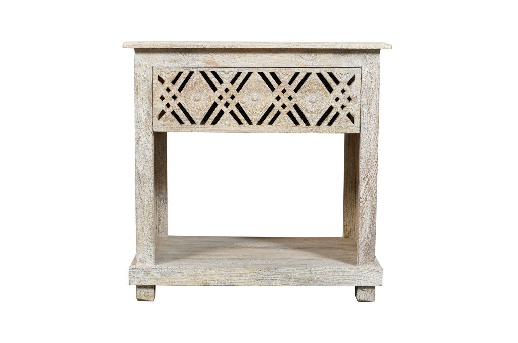 28" Solid Wood Distressed Carved Geometric One Drawer Nightstand - White