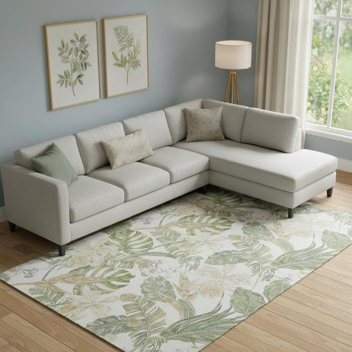 10' X 14' Floral Washable Area Rug With UV Protection (697842) - Ivory / Green / Beige