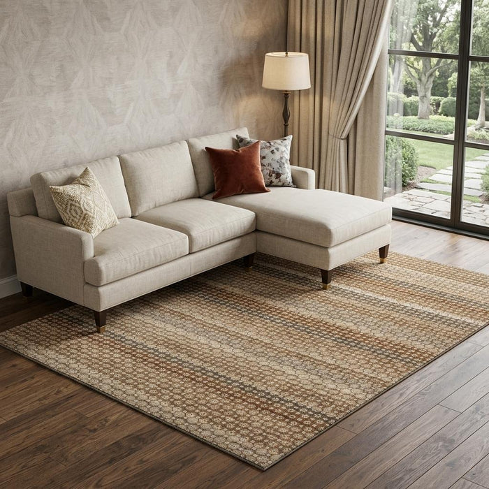 10' X 14' Striped Washable Area Rug With UV Protection (693618) - Taupe / Rust / Brown