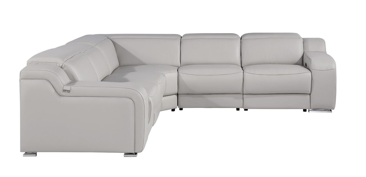 Italian Leather Power Reclining Curved Five Piece Corner Sectional With Console - Light Gray