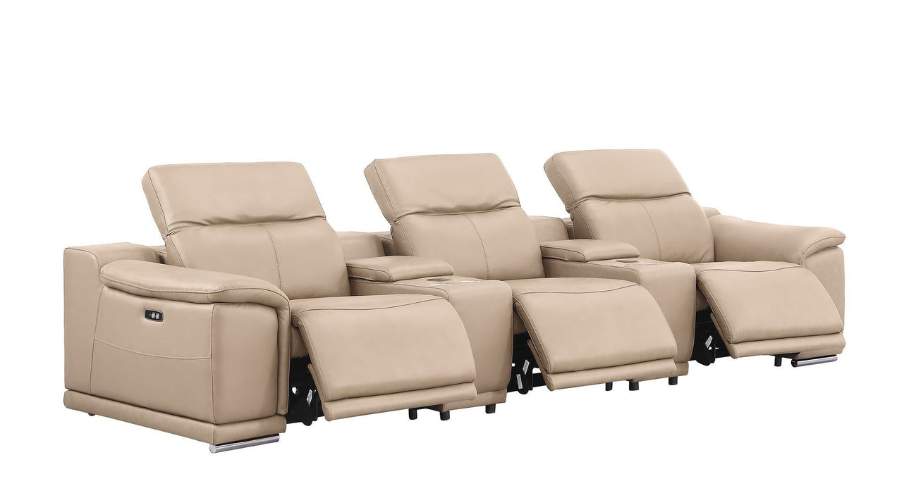 134" Leather Reclining Stainless Steel USB Sofa - Beige