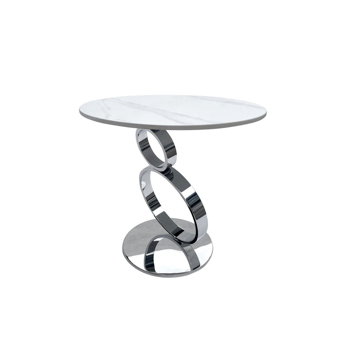 21" Stone And Stainless Steel Round Pedestal End Table - Silver And White
