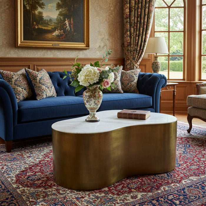 Brass Genuine Marble And Iron Free Form Solid Coffee Table - White