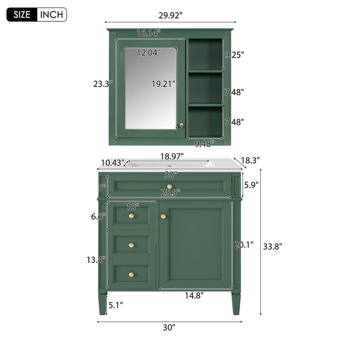 Giga bathroom vanity with medicine cabinet, modern storage with two soft-closing doors and four drawers, in a sleek design.