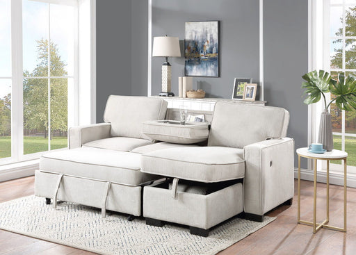 Giga Estelle fabric reversible sleeper sectional with storage chaise, drop-down table, two cup holders, and two USB ports.