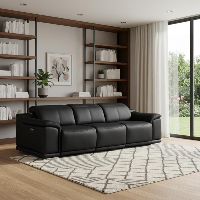 108" Leather Reclining USB Sofa - Black