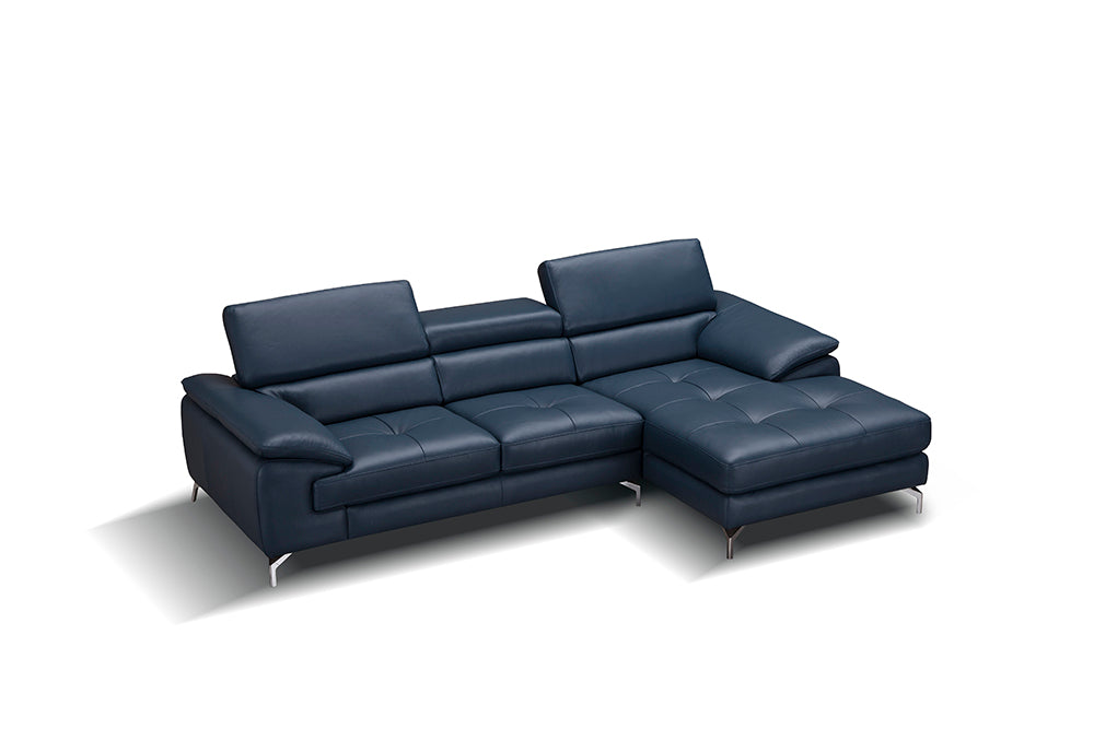 J & M Furniture A973B Italian Leather Mini Sectional Right Facing Chaise in Blue