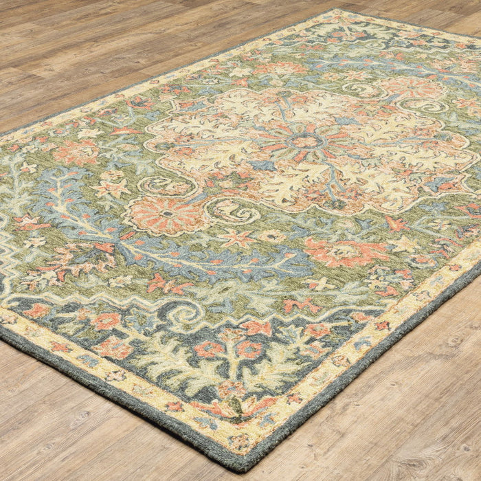 10' x 13' Oriental Tufted Handmade Stain Resistant Area Rug - Blue Green Clay And Gold