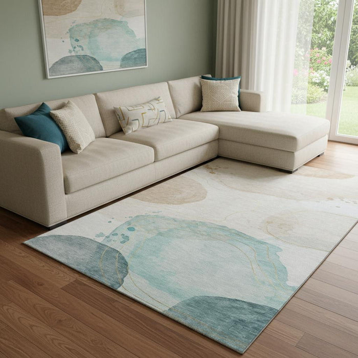 9' X 12' Abstract Washable Area Rug With UV Protection (648459) - Beige / Ivory / Teal
